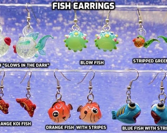 Fish Earrings - Kissing"Glow in the Dark" Fishes - Blow Fishes - Green Tail Fishes - Koi Fishes - Blue Fishes -Orange Fishes