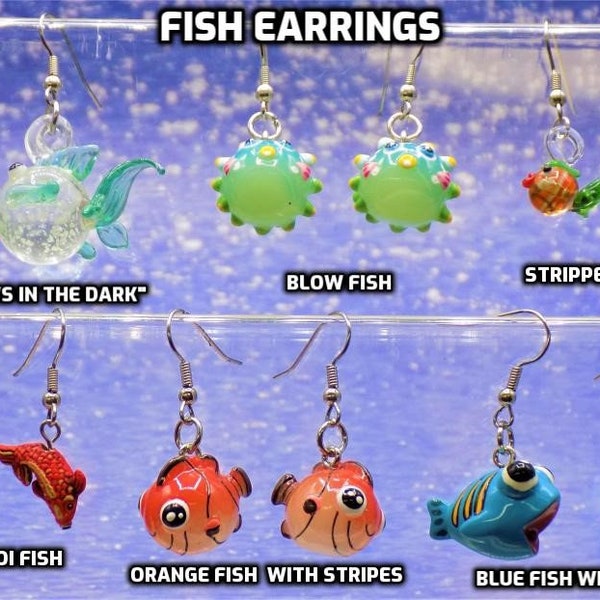 Fish Earrings - Kissing"Glow in the Dark" Fishes - Blow Fishes - Green Tail Fishes - Koi Fishes - Blue Fishes -Orange Fishes