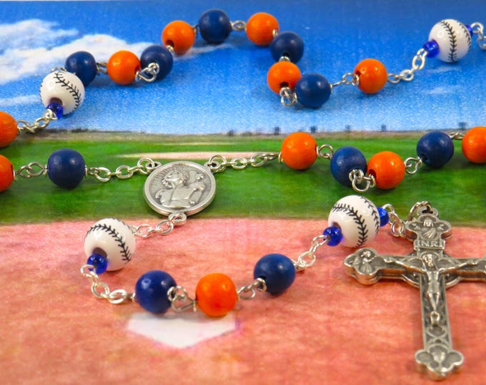 Baseball Blue and Orange Rosary - Blue and Orange Cheesewood Beads - Ceramic Baseballs - St Sebastian Center - Italian Euchristic Crucifix