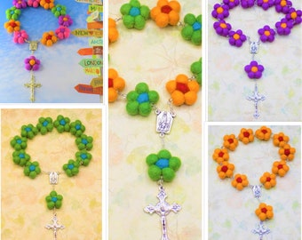 One Decade Flower Rosaries - Handmade Flower Beads Made From the Wool of Nepalese sheep - Fatima Center & Earth - Italian Sunburst Crucifix