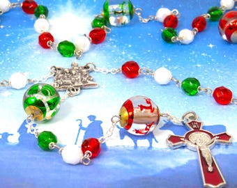 Christmas Rosary - Czech Green, Red & White Glass Beads - Christmas Bead Father Beads - Italian Holy Family Center - Red Enamel Crucifix
