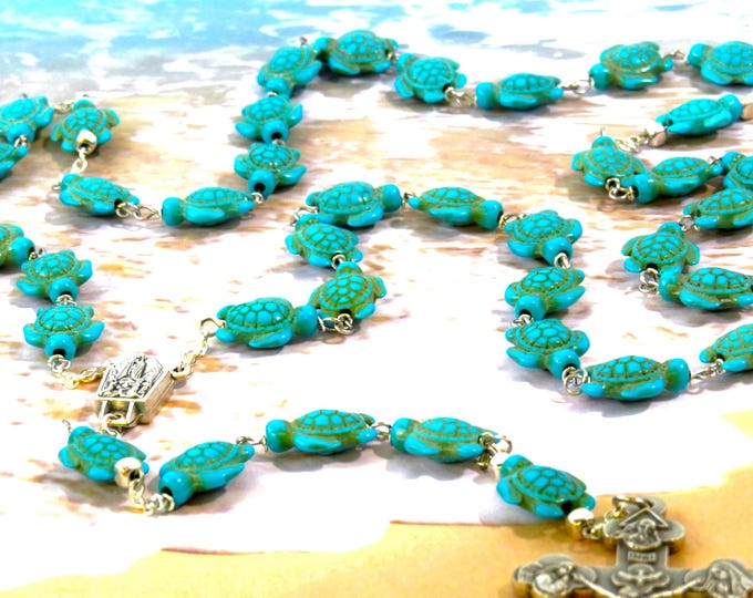 Turquoise Blue Turtle Rosary - Turquoise Blue Stone Turtle Beads - Italian Silver OL of Fatima Center - Italian Silver Eucharistic Crucifix