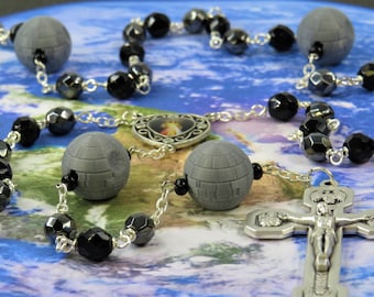 Star Wars Rosary - Czech Gray and Black 8mm Crystal Beads - 3D Death Star Father Beads - Divine Mercy/OL Center - Italian Stations Crucifix