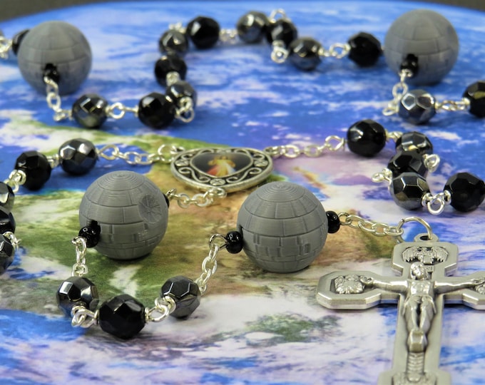 Star Wars Rosary - Czech Gray and Black 8mm Crystal Beads - 3D Death Star Father Beads - Divine Mercy/OL Center - Italian Stations Crucifix