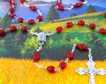Red Ladybug Rosary - Czech Opaque Red Ladybug Glass Beads - Italian OL of Lourdes with Water Center -Italian Silver Grapes and Vine Crucifix