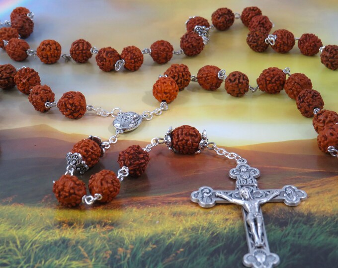 Rudraksha Rosary - Natural Rudraksha Beads - Mary & Child with Soil from Jerusalem "Holy Land" Center - Italian Silver Eucharistic Crucifix