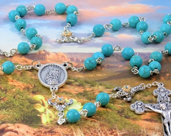 Turquoise Stone Rosary -Turquoise Magnesite Stone 8mm Beads - Rhodium Bullhead Skull Father Beads - Holy Family Center -Eucharistic Crucifix