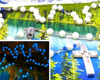 Luminous Solar Stone Blue Glow in the Dark Rosary - White Stone Blue "Glow in the Dark" 8mm Beads-Our Lady Lourdes Center-Luminous Crucifix