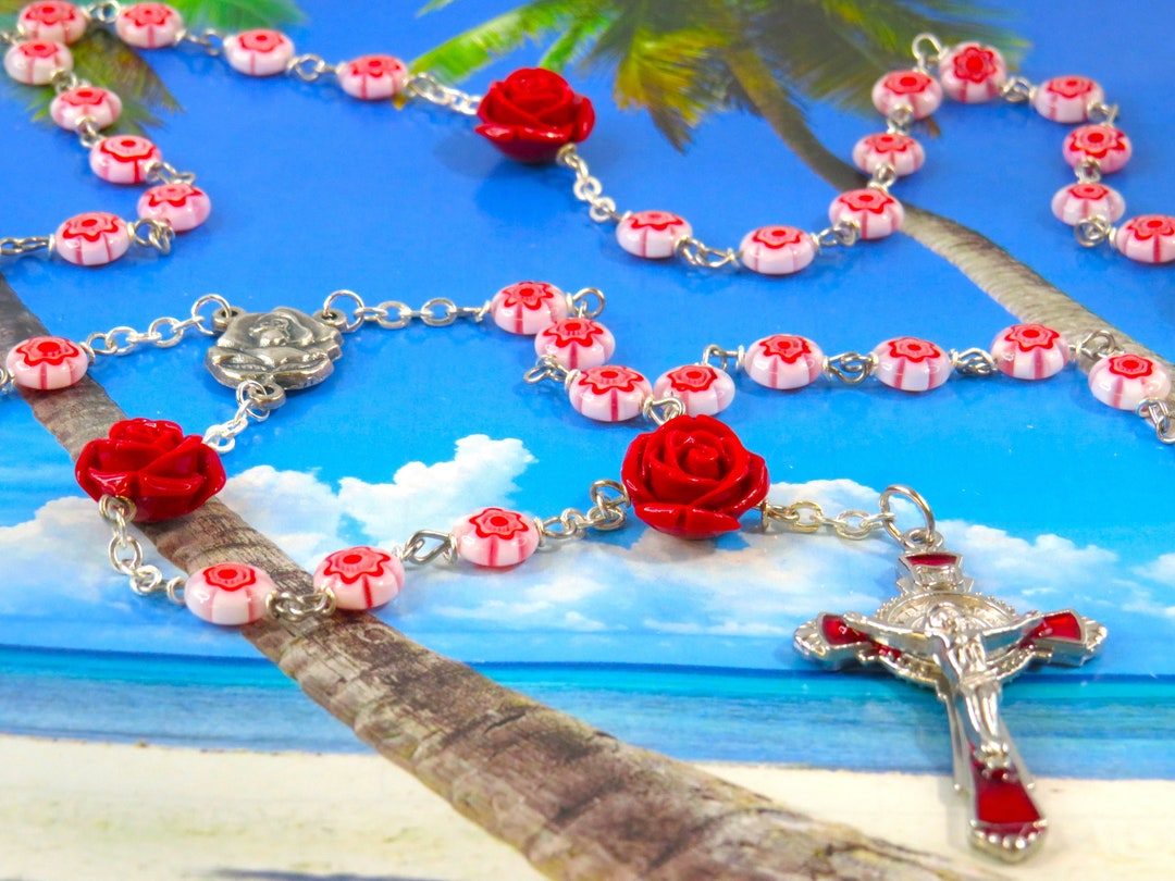 Millefiori Flower & Rose Rosary Millefiori White and Red Glass Beads Red Rose Father Beads