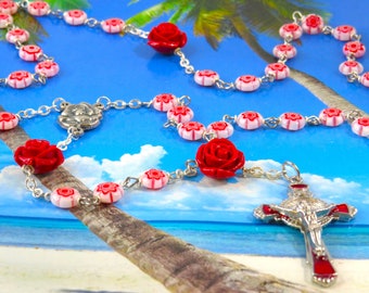 Millefiori Flower & Rose Rosary - Millefiori White and Red Glass Beads - Red Rose Father Beads - Italian Rose Center - Red Enamel Crucifix