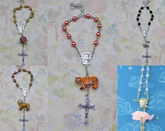 One Decade-Car Animal & Glass Rosaries - Lions, Monkeys, Tigers, Zebras and Elephants - Mother Mary Fatima Centers - Eucharistic Crucifixes