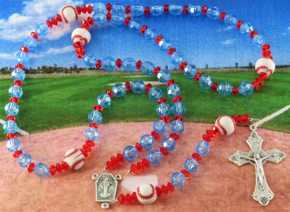 Red and White Baseball Rosary - Czech Red and White Glass