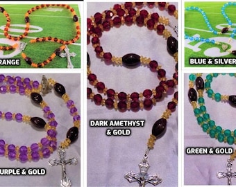 Football Sports Rosaries - Brown and Orange - Blue and Silver - Green and Gold - Amethyst and Gold  - Lt Purple and Gold - FBall Team Colors