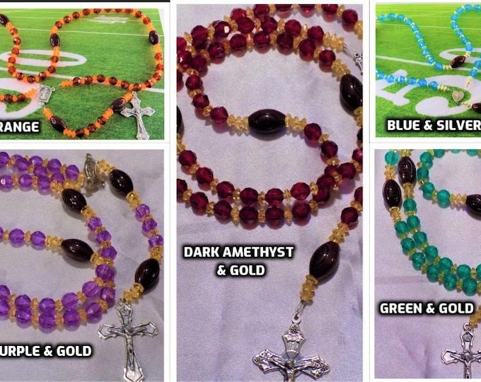 Football Sports Rosaries - Brown and Orange - Blue and Silver - Green and Gold - Amethyst and Gold  - Lt Purple and Gold - FBall Team Colors