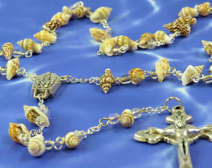 Sea Shell Rosary - Natural Conch Sea Shell Beads - Czech Beads -Italian Water from Fatima, Portugal Center -Italian Silver Sunburst Crucifix