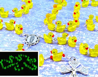 Yellow Duck Rosary - Glows in the Dark - HandPainted Duck Beads -Orange Beads -Italian O L of Guadalupe Center-Italian Silver Swirl Crucifix