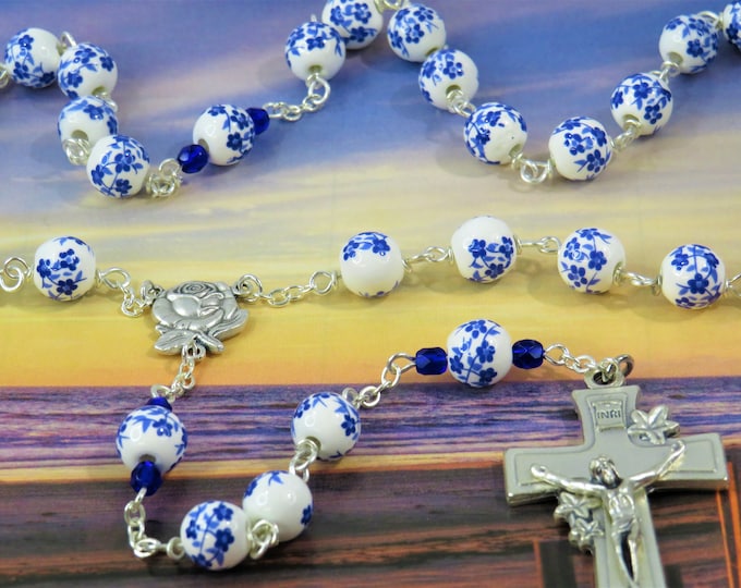White & Blue Flower Rosary - White and Blue Flower Ceramic Beads - Italian Silver Rose and Mary Center - Italian Silver Flower Crucifix
