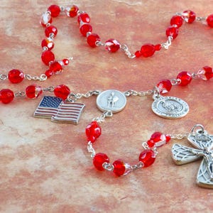 Firefighter Rosary - Czech Red/Clear & Red Crystal Beads - St Florian Center - US Flag Charm - Fire Dept Symbol Medal - Italian Crucifix