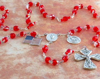 Firefighter Rosary - Czech Red/Clear & Red Crystal Beads - St Florian Center - US Flag Charm - Fire Dept Symbol Medal - Italian Crucifix
