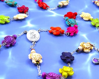 Multi Color Stone Turtle Rosary - Stone Turtle Beads - Czech Accent Beads - Italian St Francis Center - Purple Enamel St Benedict Crucifix