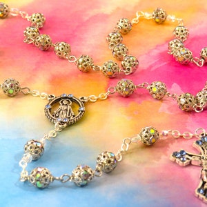 Aurora Borealis Rhinestone Rosary - Filigree Metal 8mm Beads with Aurora Borealis Rhinestones -Light Sapphire Rhinestone Center and Crucifix