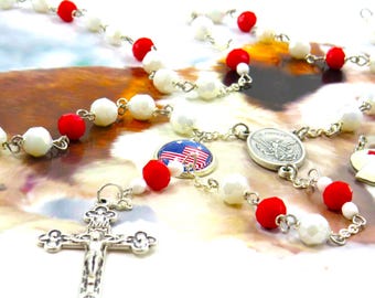 Medical Service Rosary - Czech White and Red 8mm Crystal Beads - ST Michael Center - Choose Medical Charms - Italian Eucharistic Crucifix