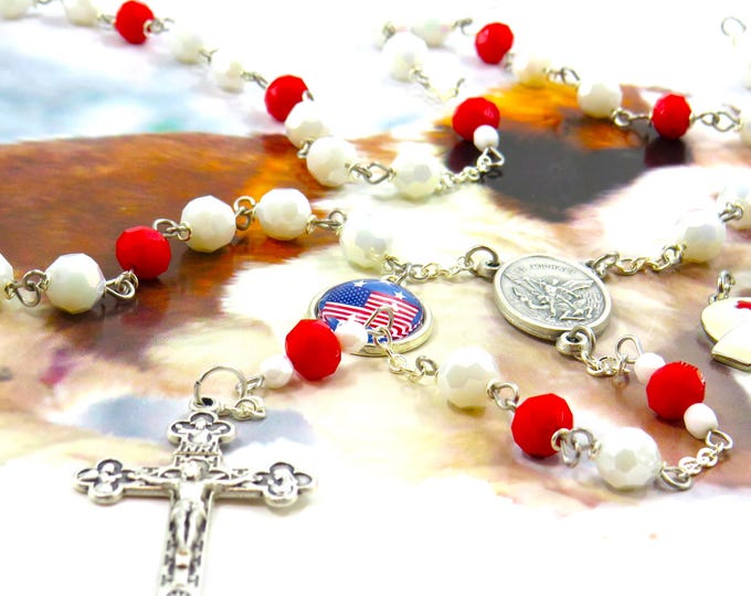 Medical Service Rosary - Czech White and Red 8mm Crystal Beads - ST Michael Center - Choose Medical Charms - Italian Eucharistic Crucifix