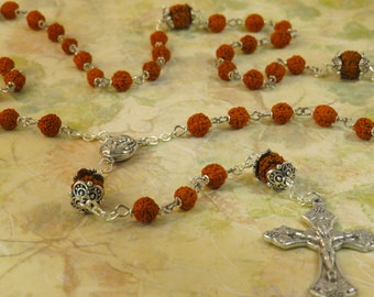 Rudraksha Rosary - Natural Rudraksha Beads - Mary & Child with Soil from Jerusalem "Holy Land" Center - Italian Silver Grapes-Vine Crucifix