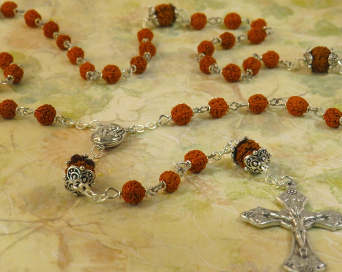 Rudraksha Rosary - Natural Rudraksha Beads - Mary & Child with Earth from Jerusalem "Holy Land" Center - Italian Silver Grapes-Vine Crucifix