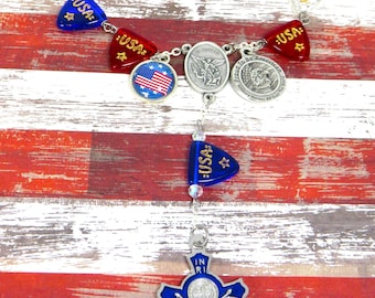 One Decade Proud To Be American Rosary -USA Banner Flag Glass Beads -Flag & Proud Charm -St Michael Center -Blue Enamel St Benedict Crucifix
