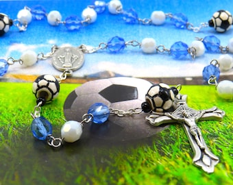 Blue and White Soccer Rosary -Czech Blue & White Glass Beads -Ceramic Soccer Balls -Ital Miraculious Mary Center -Ital Fleur-de-Lis Crucifix