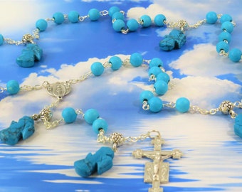 Turquoise Stone Angel Rosary - Turquoise Stone Round 8mm Beads - Turquoise Stone Angel Beads - Ital Mary & Angels Center- Angels Crucifix