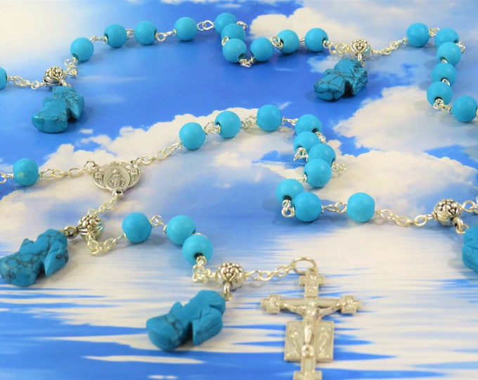Turquoise Angel Rosary - Turquoise Stone Round 8mm Beads - Turquoise Stone Angel Beads -Italian Mary & Angels Center-Italian Angels Crucifix