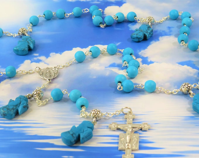 Turquoise Stone Angel Rosary - Turquoise Stone Round 8mm Beads - Turquoise Stone Angel Beads - Ital Mary & Angels Center- Angels Crucifix