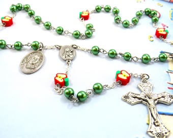 Teacher Rosary - Green Pearl Glass Beads - Polymer Apple Beads - OL of Sorrows Center - Italian Crucifix - St John Baptist De La Salle Medal
