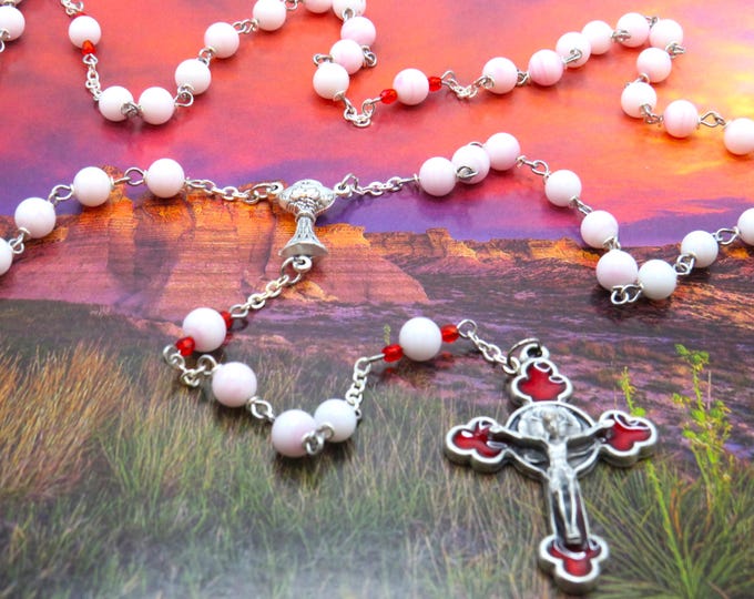 White & Red First Communion Rosary - White and Lt Red Swirl Glass Beads - Italian Holy Chalice Center -Italian Red Enamel with Rose Crucifix