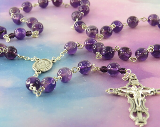 Amethyst Rosary - Semi Precious Amethyst Beads - Czech Purple Beads -Italian Our Lady of Medjugorje Earth Center - Italian Filigree Crucifix