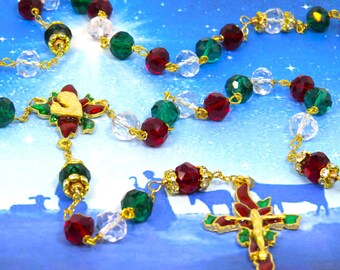 Christmas Poinsettia Rosary - Red and Green Crackle Glass Beads - Austrian Rhinestone Father Beads - Christmas Poinsettia Center & Crucifix