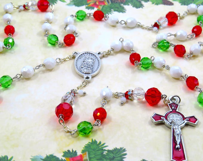 Santa Claus Christmas Rosary -Crystal Santa Claus Father Beads -Czech White, Red & Green Glass Beads -Holy Family Center-Red Enamel Crucifix