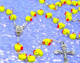 Yellow Ducky Rosary - Yellow Polymer Clay Duck Beads - Italian Our Lady of Fatima with Water Center - Italian Silver Traditional Crucifix