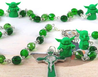 Star Wars Yoda Rosary - Czech Green Crystal Beads - 3D Yoda Father Beads - Colorful Medjugorje Center - St Benedict Green Enamel Crucifix