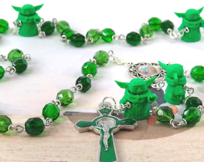 Star Wars Yoda Rosary - Czech Green Crystal Beads - 3D Yoda Father Beads - Colorful Medjugorje Center - St Benedict Green Enamel Crucifix