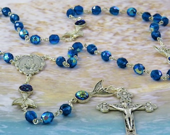 Blue Mermaid Tail Rosary - Czech Blue Crystal Beads - Metal & Crystal Mermaid Beads - Italian Fatima Center - Italian Eucharistic Crucifix