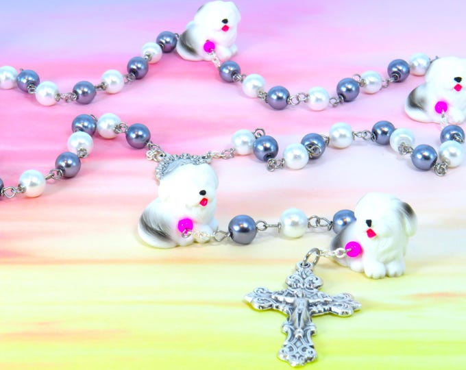 Puppy Dog Rosary - Eng Sheepdog Resin Father Beads - Dark Gray & White Glass Pearl Beads -Italian Our Lady Center -Italian Filigree Crucifix