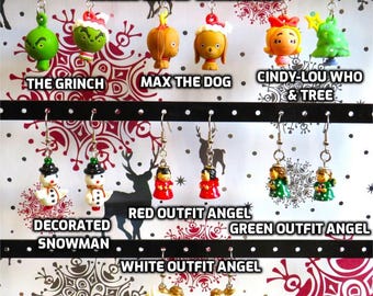 Christmas Earrings - The Grinch - Max - Cindy Lou Who - Decorated Snowman - Red Angels - Green Angels -White Angles- 7 Styles to Choose From