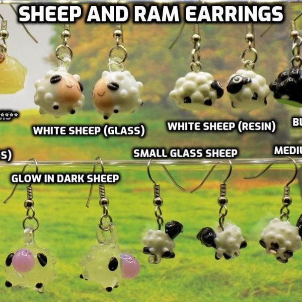 Sheep & Ram Earrings - White Glass Sheep - White Resin Sheep - Black Sheep (2) - White Glass Sheep (2) - Glow in Dark Glass Sheep - Rams