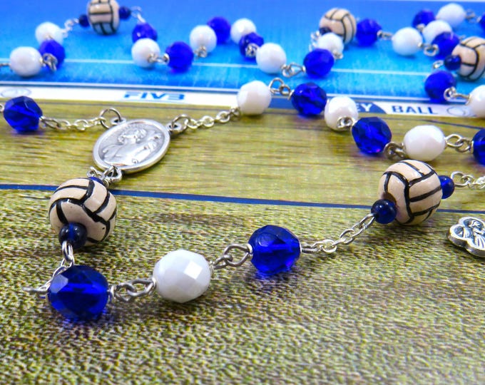 Volleyball Rosary - Czech Dark Blue & White 8mm Glass Beads -Ceramic Volleyballs -Italian St Sebastian Center - Italian Eucharistic Crucifix