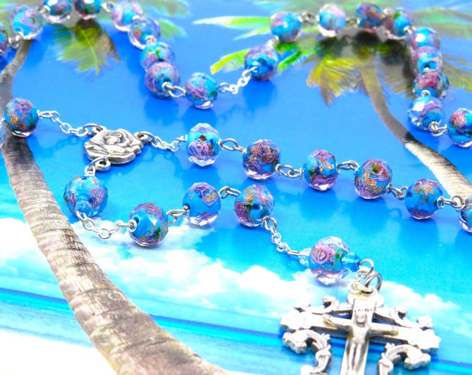 Turquoise Rose Flower Rosary - Turquoise Rose Flower Lamp Glass Beads - Italian Rose & Sacred Heart of Mary Center - Italian Flower Crucifix