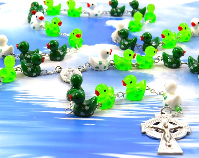 Shamrock Ducky Rosary - Lt & Dk Green and White Resin Duck Beads with Shamrocks - Italian Silver St Patrick Center - Italian Celtic Crucifix