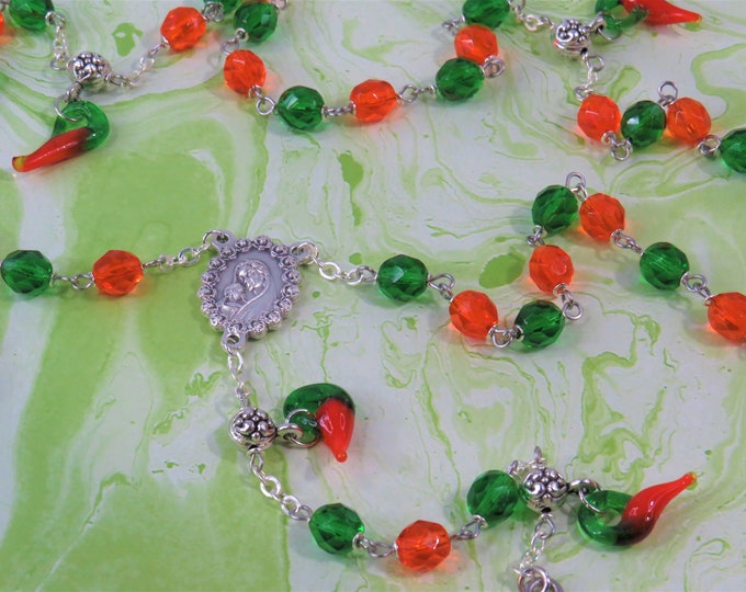 Chili Pepper Rosary - Czech Orange & Green Crystal Beads - Chili Pepper Father Beads -Italian Mary Center -Green Enamel St Benedict Crucifix